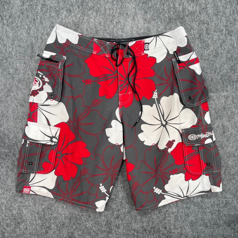 Maui Built Board Shorts 34 Mens Floral Cargo Red Grey White Surf Trunks